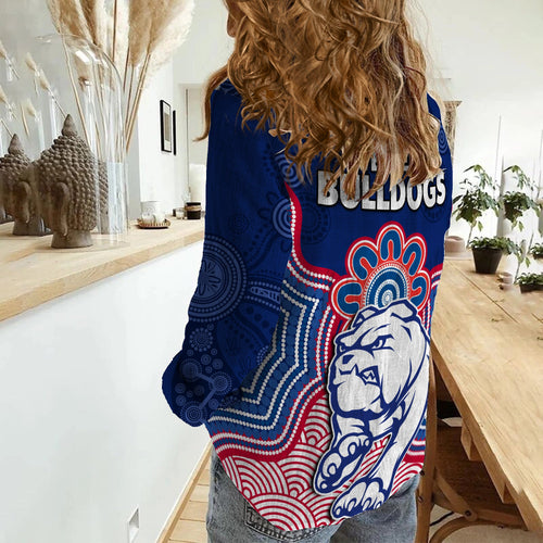 bulldogs-football-women-casual-shirt-western-doggies-aboriginal-art