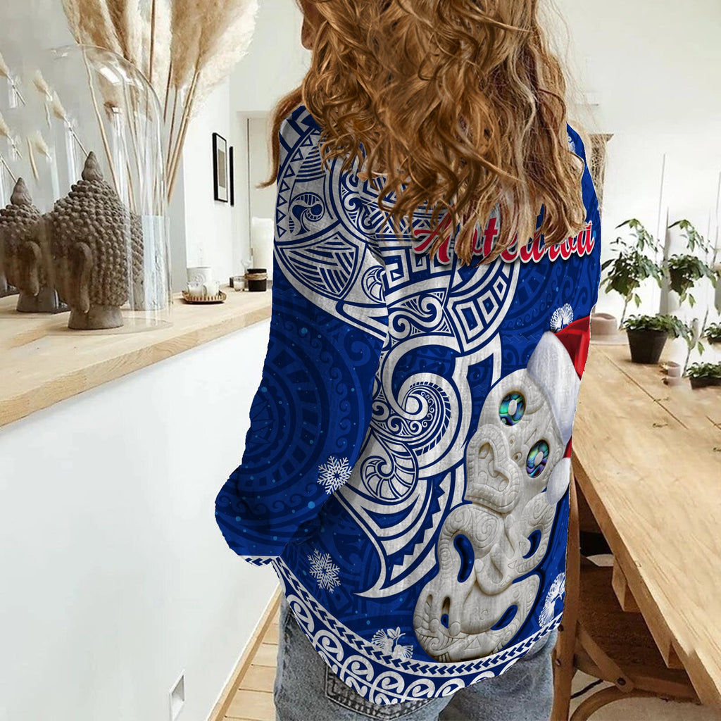 custom-personalised-new-zealand-christmas-women-casual-shirt-hei-tiki-blue-pohutukawa-meri-kirihimete
