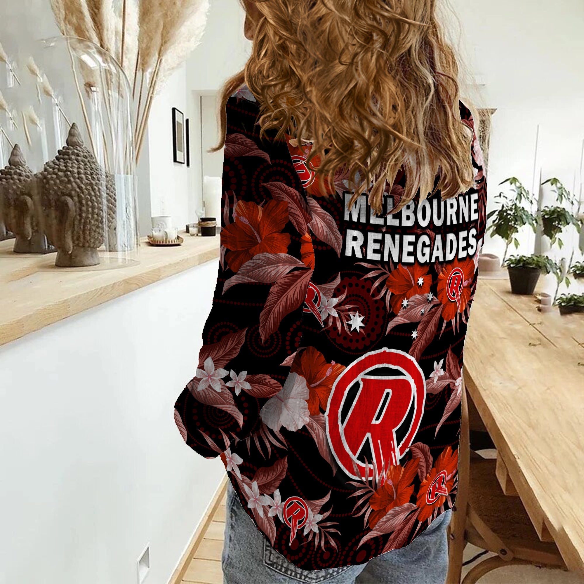 melbourne-renegades-cricket-women-casual-shirt-aboriginal-art-mix-tropical-flowers