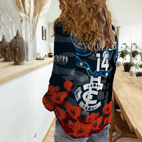 custom-text-and-number-carlton-football-anzac-2023-women-casual-shirt-blues-aboriginal-mix-poppy-camouflage