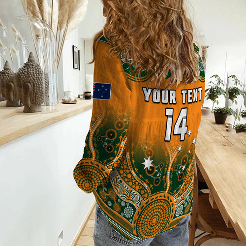 custom-text-and-number-australia-rugby-women-casual-shirt-wallabies-kangaroo-orange-aboriginal