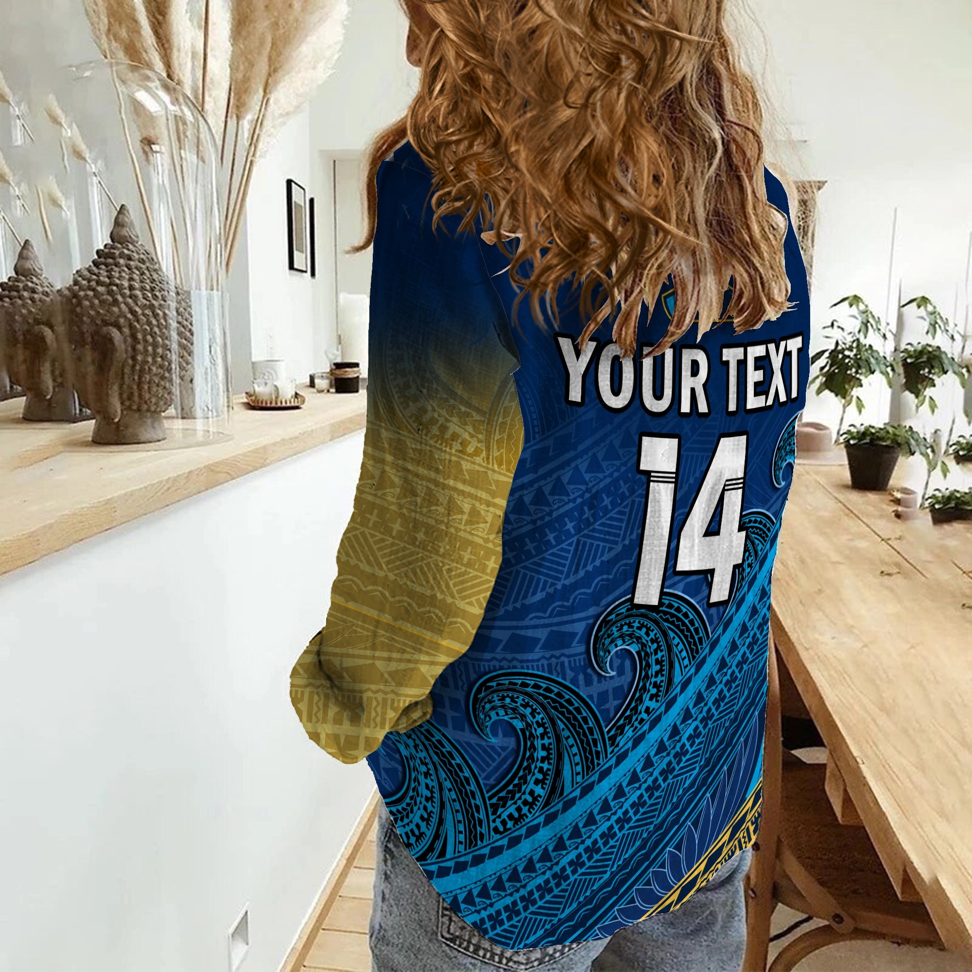 custom-text-and-number-gold-coast-titans-rugby-women-casual-shirt-pasifika-gradient-polynesian-pattern