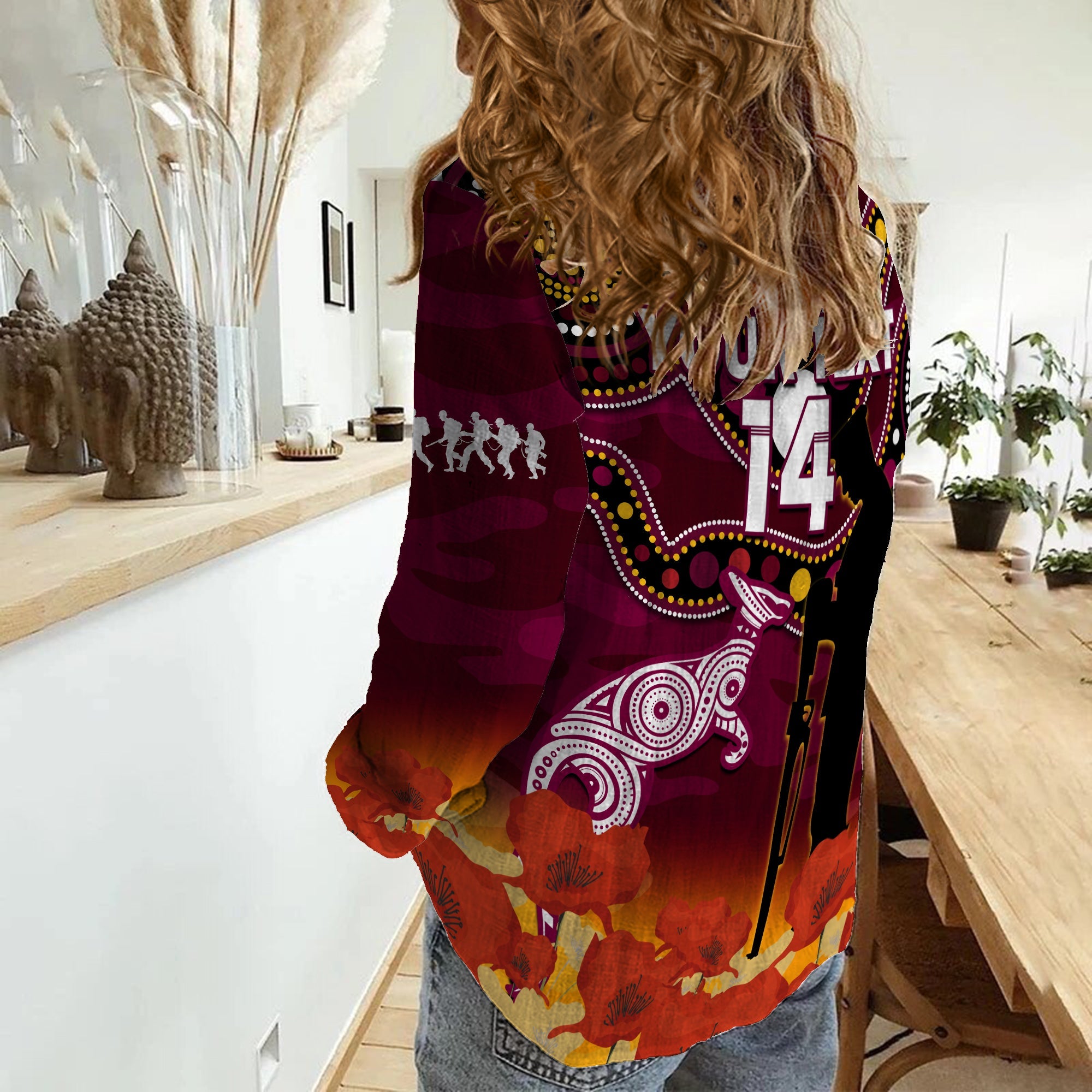 custom-text-and-number-maroons-rugby-anzac-2023-women-casual-shirt-qld-aboriginal-mix-poppy-camouflage