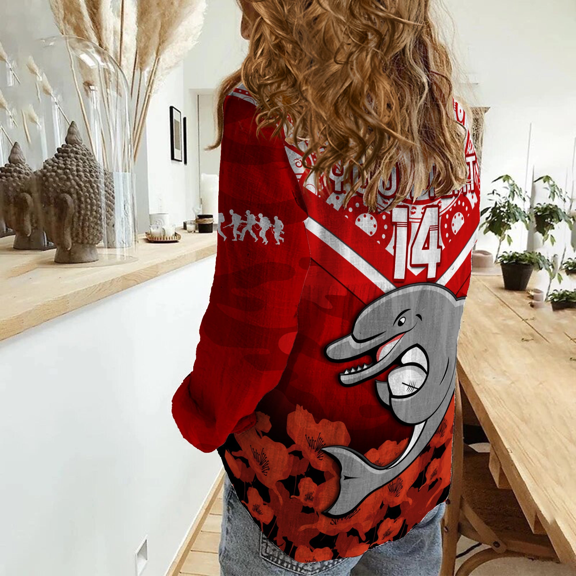 custom-text-and-number-dolphins-rugby-anzac-2023-women-casual-shirt-dots-poppy-mix-camouflage-lest-we-forget
