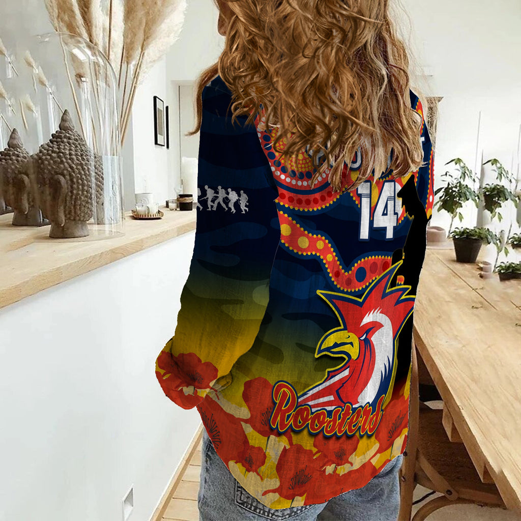 custom-text-and-number-roosters-rugby-anzac-2023-women-casual-shirt-dots-poppy-mix-camouflage-lest-we-forget