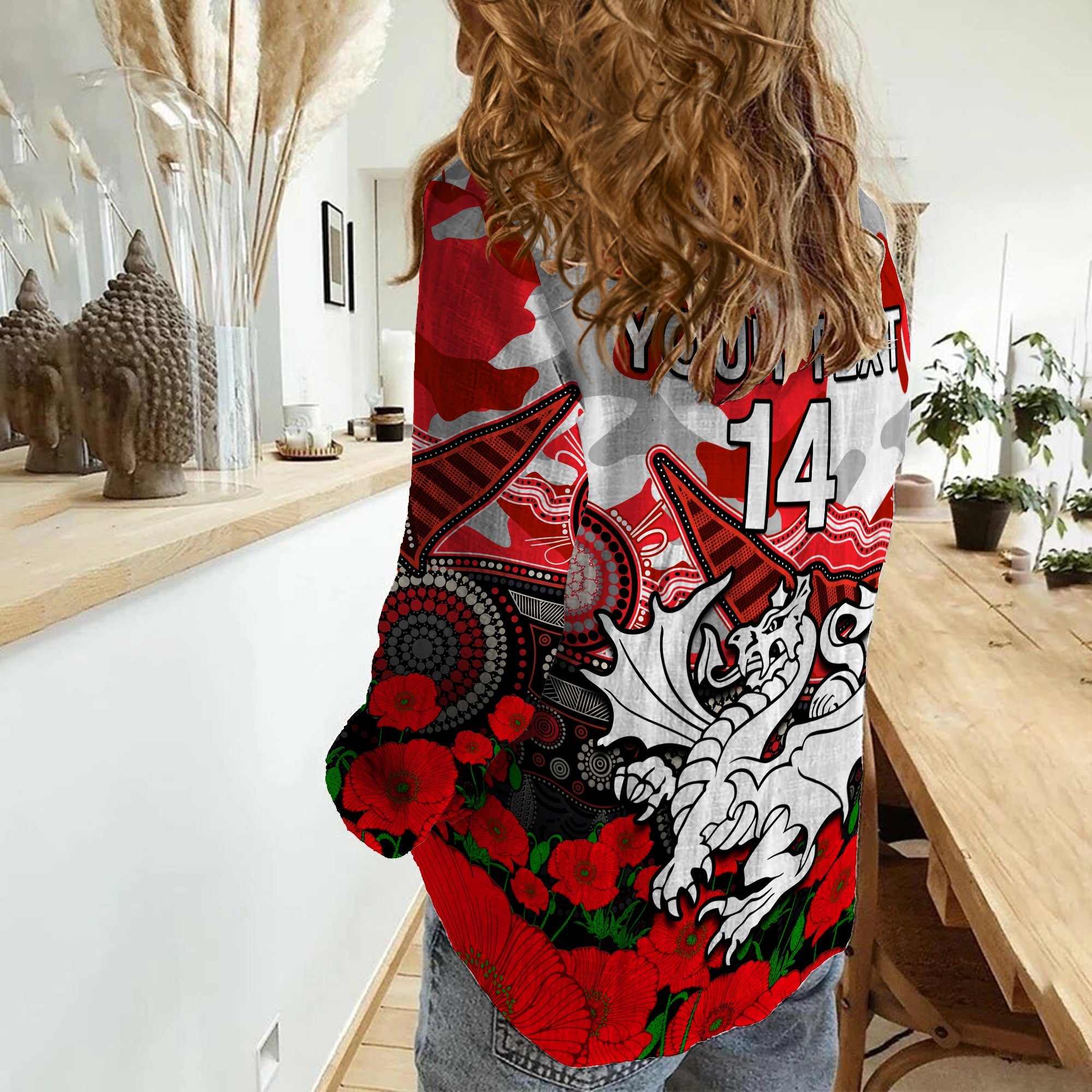 custom-text-and-number-dragons-rugby-anzac-2023-women-casual-shirt-aboriginal-mix-poppy-lest-we-forget