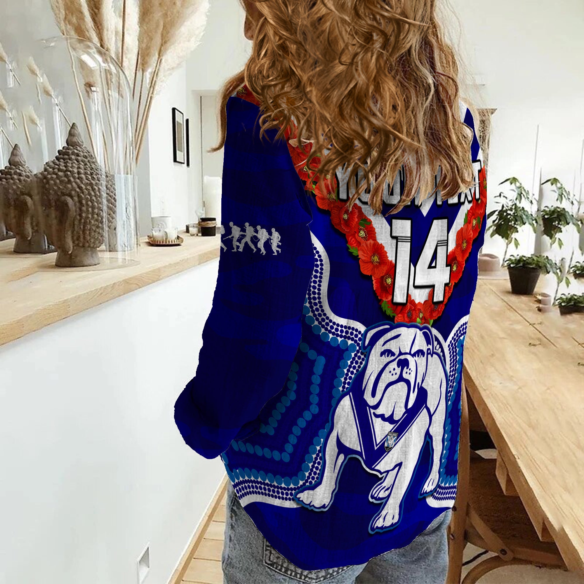 custom-text-and-number-bulldogs-rugby-anzac-2023-women-casual-shirt-dots-poppy-mix-camouflage-lest-we-forget