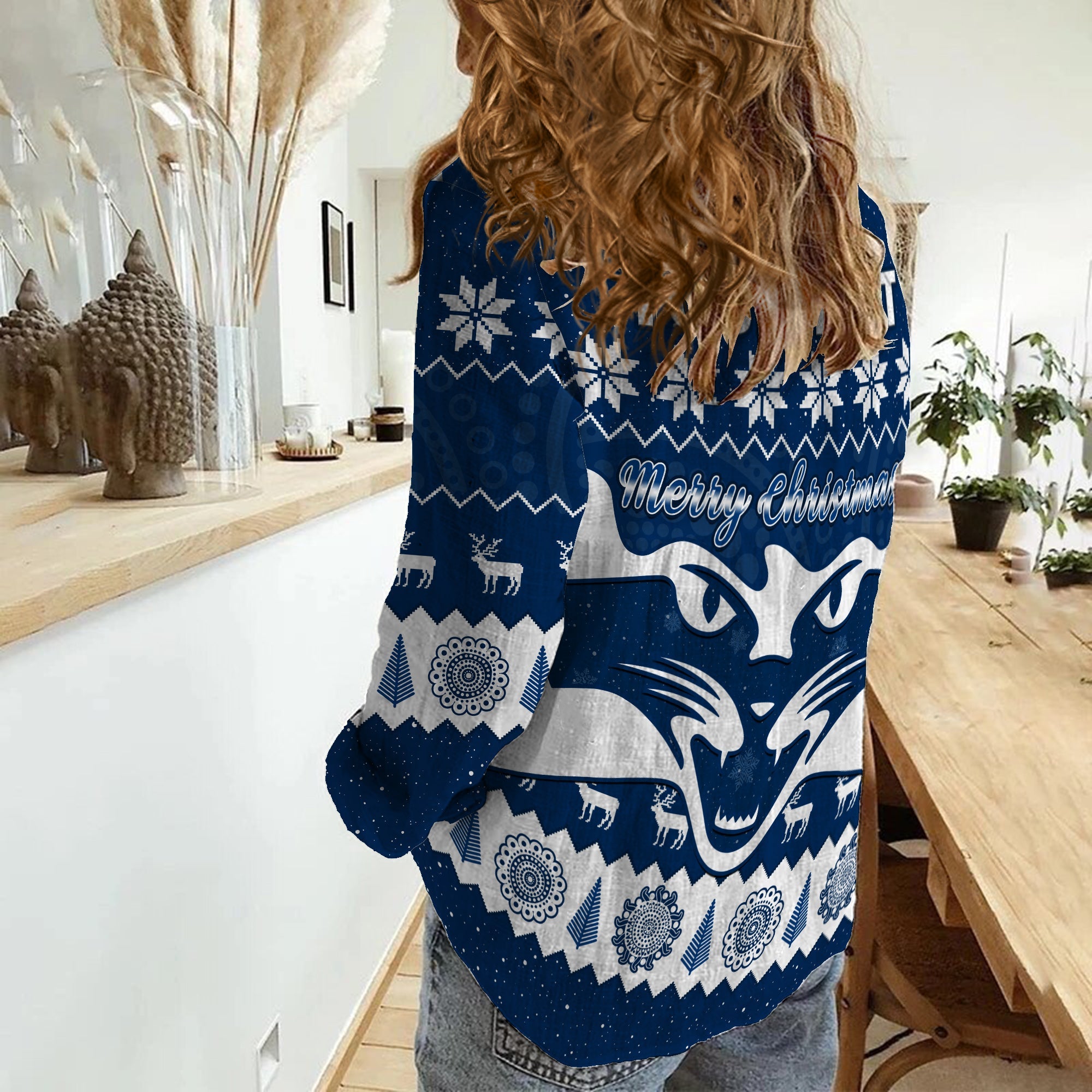 custom-personalised-cats-football-christmas-women-casual-shirt-geelong-aboriginal-painting