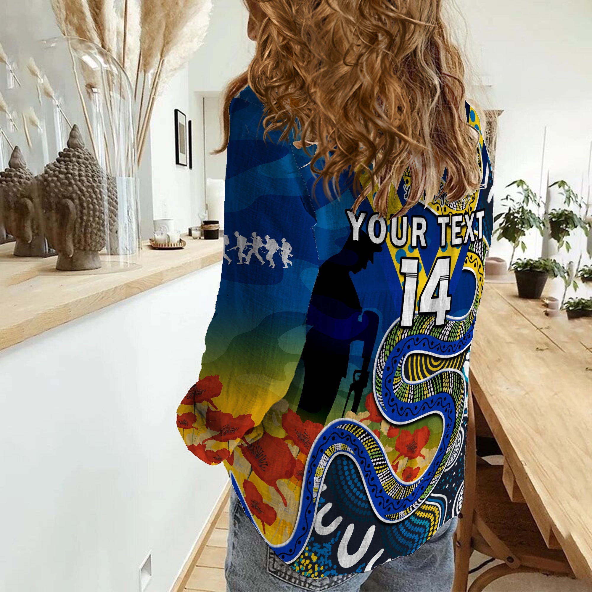 custom-text-and-number-eels-rugby-anzac-2023-women-casual-shirt-aboriginal-mix-poppy-lest-we-forget