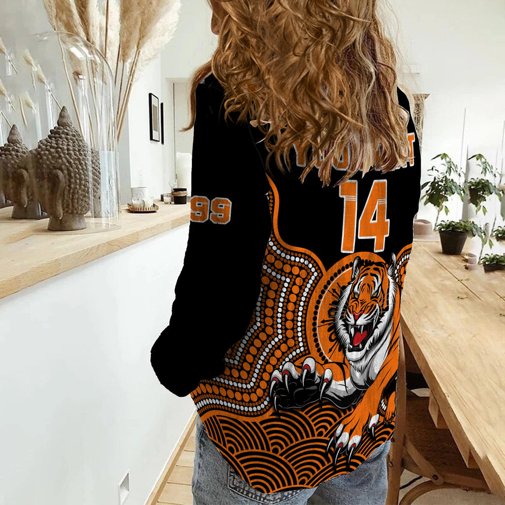 custom-text-and-number-wests-tigers-rugby-women-casual-shirt-indigenous-black-artsy