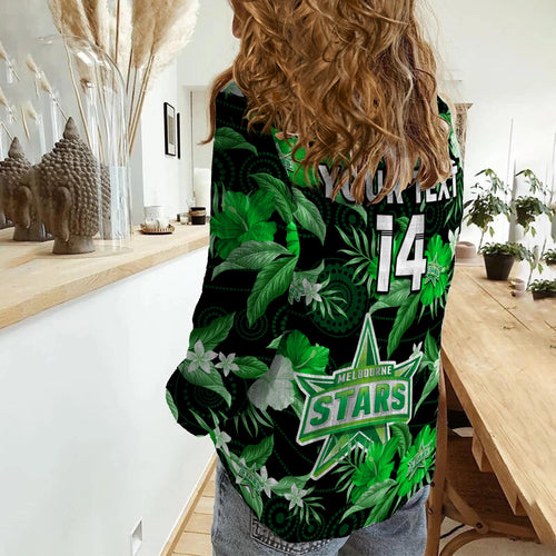 custom-text-and-number-melbourne-stars-cricket-women-casual-shirt-aboriginal-art-mix-tropical-flowers