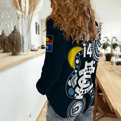 custom-text-and-number-carlton-football-naidoc-2023-women-casual-shirt-blues-for-our-elders-indigenous-art