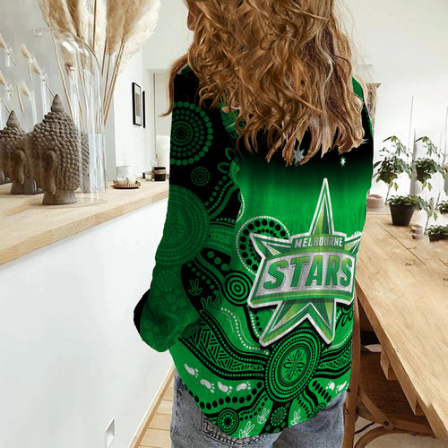 stars-cricket-women-casual-shirt-melbourne-team-green-gradient-aboriginal-art
