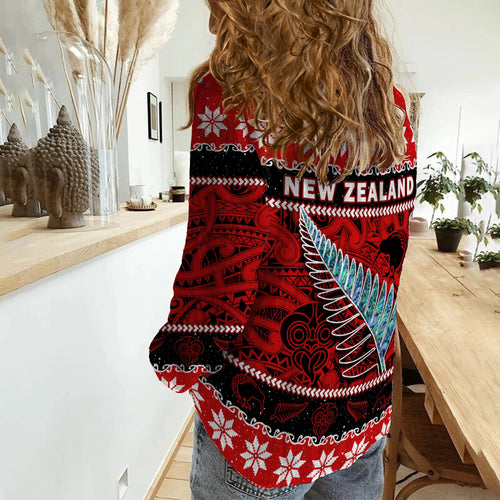 new-zealand-christmas-women-casual-shirt-paua-shell-silver-fern-meri-kirihimete