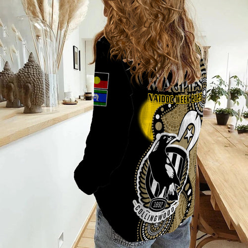 collingwood-football-naidoc-2023-women-casual-shirt-magpies-for-our-elders-indigenous-art