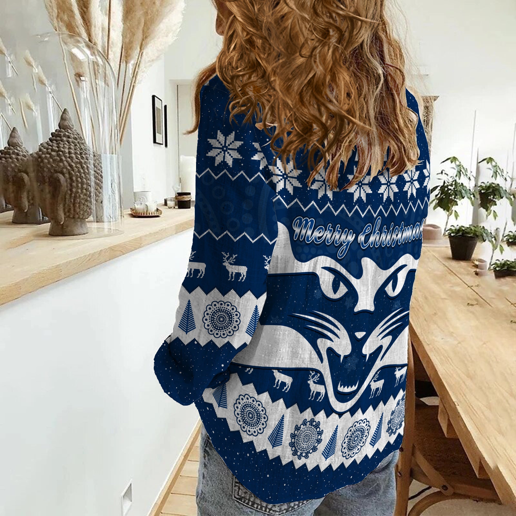 cats-football-christmas-women-casual-shirt-geelong-aboriginal-painting
