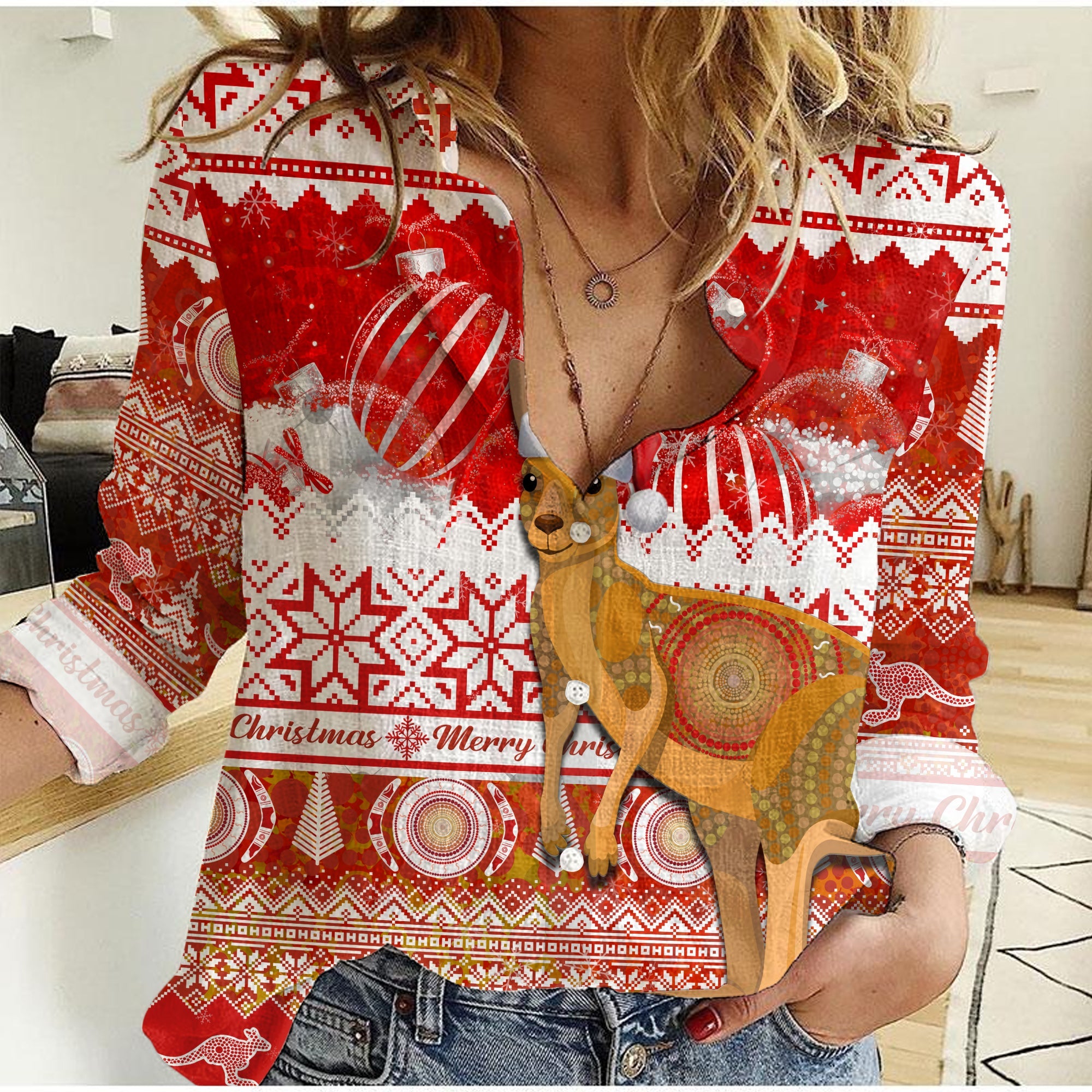 australia-women-casual-shirt-kangaroo-aboriginal-painting-merry-christmas