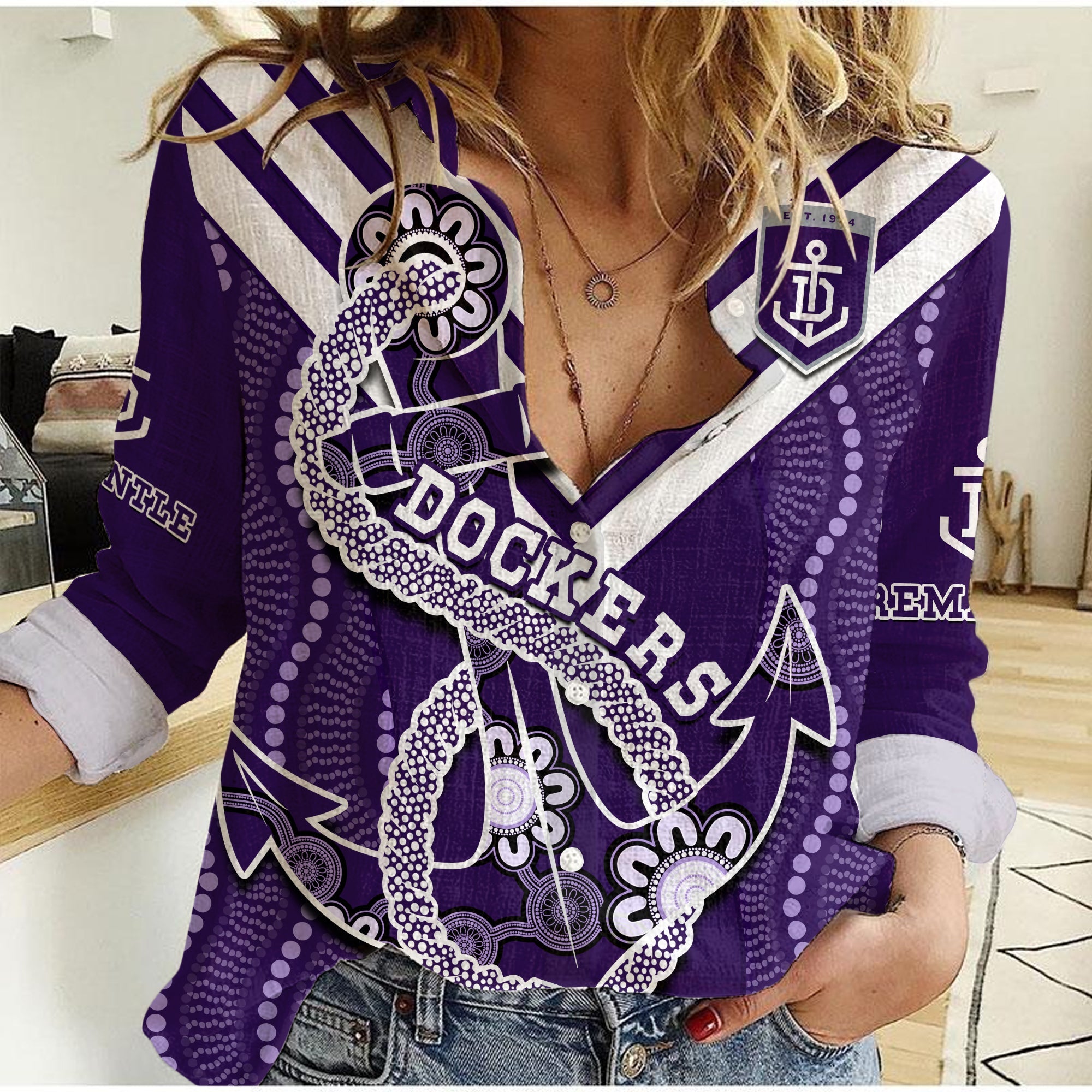 custom-text-and-number-dockers-football-women-casual-shirt-fremantle-anchor-mix-aboriginal-pattern-dynamic-style
