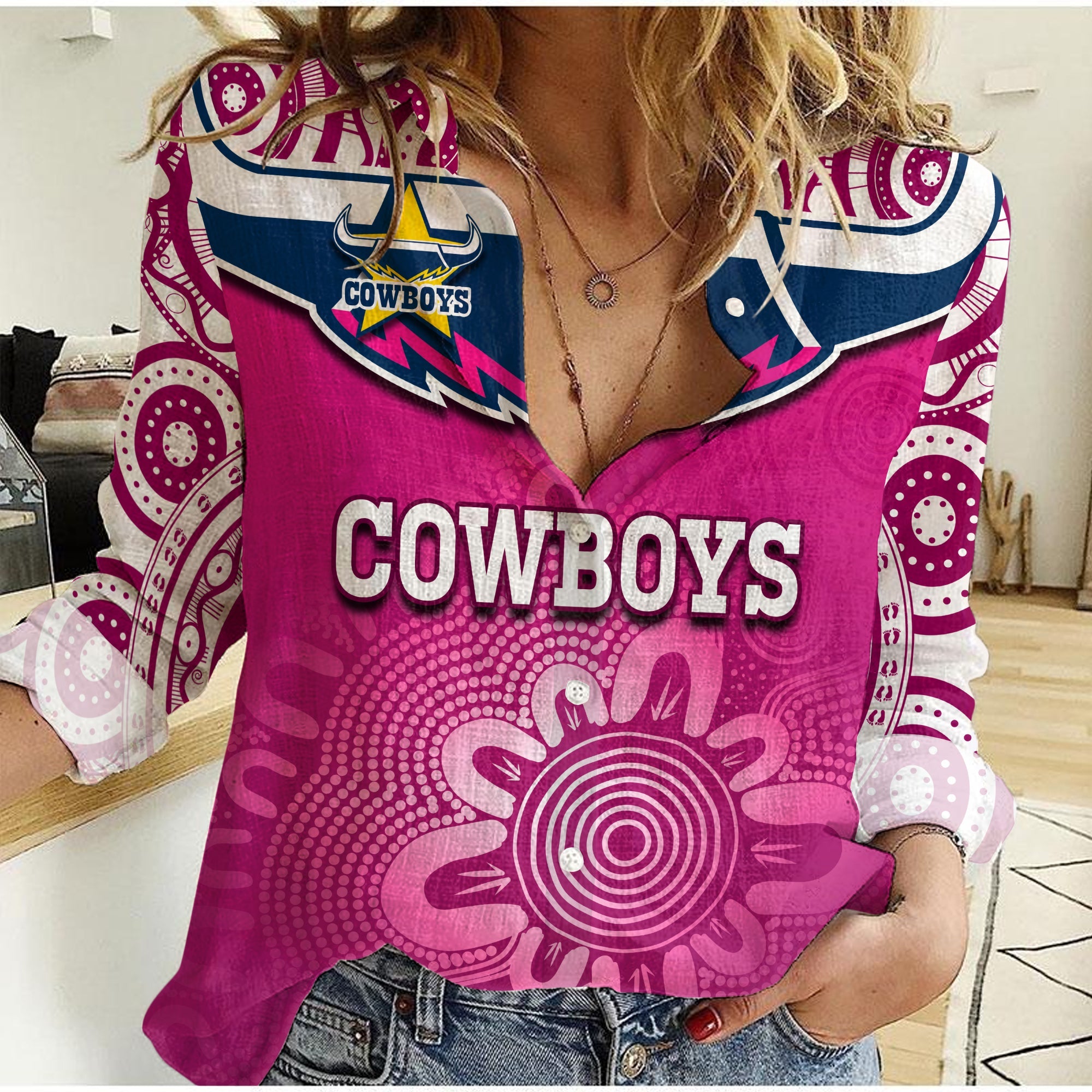 custom-text-and-number-cowboys-rugby-women-casual-shirt-aboriginal-pattern-pink-version