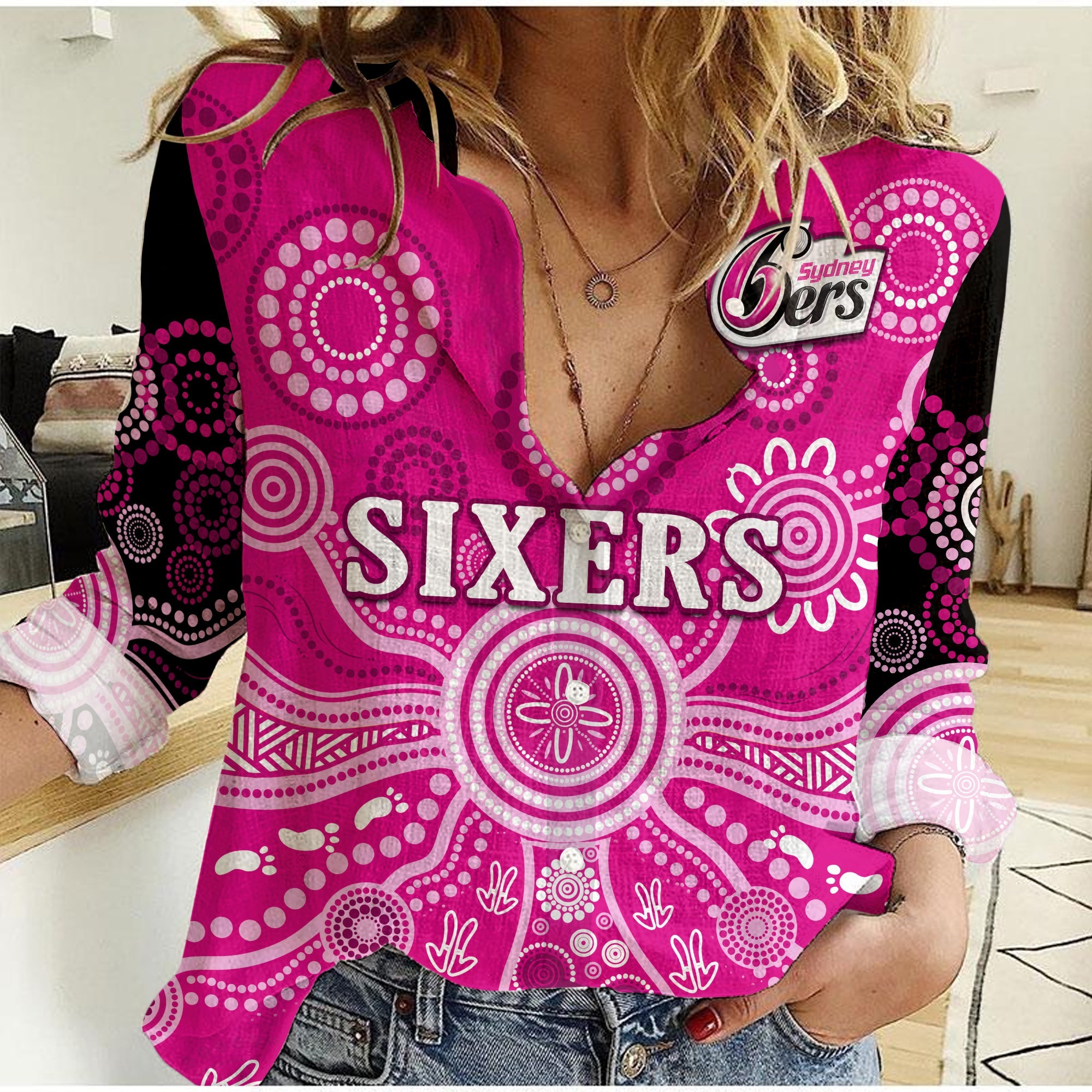 sydney-sixers-women-casual-shirt-cricket-indigenous-australian-art-ver01