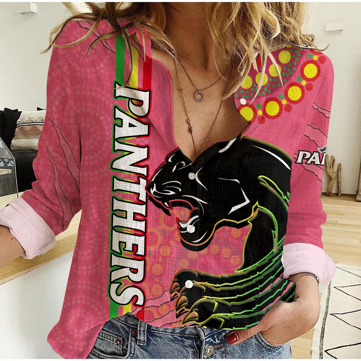 custom-text-and-number-panthers-rugby-women-casual-shirt-the-mountain-men-aboriginal-art-dynamic-pink-version