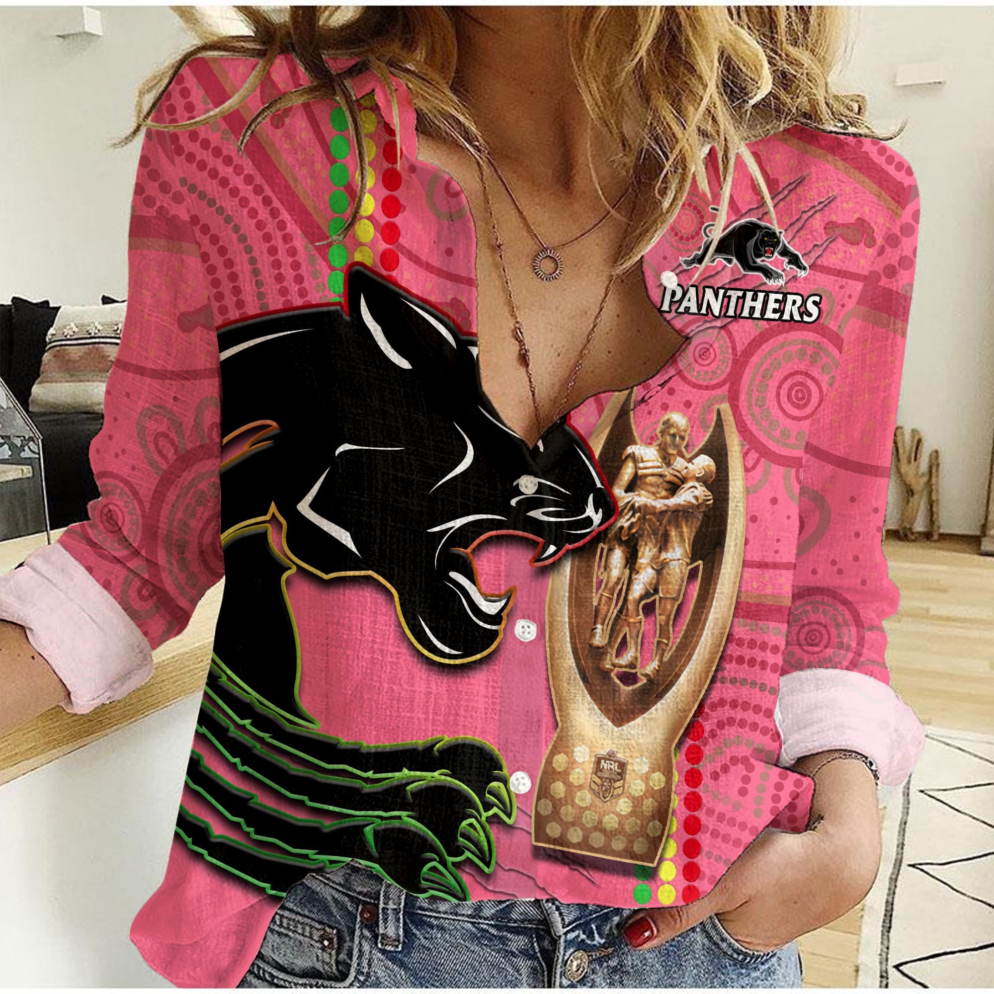 custom-text-and-number-panthers-rugby-women-casual-shirt-the-riff-2022-premiers-aboriginal-pink