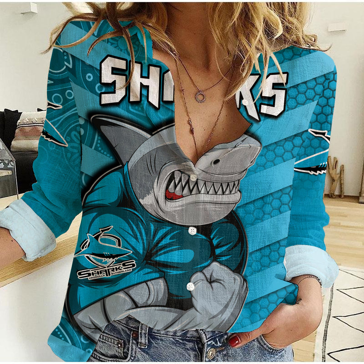 custom-text-and-number-sharks-rugby-women-casual-shirt-go-sharkies-aboriginal-sporty-version