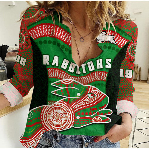 custom-text-and-number-rabbitohs-rugby-women-casual-shirt-souths-1908-aboriginal-dot-painting-go-bunnies