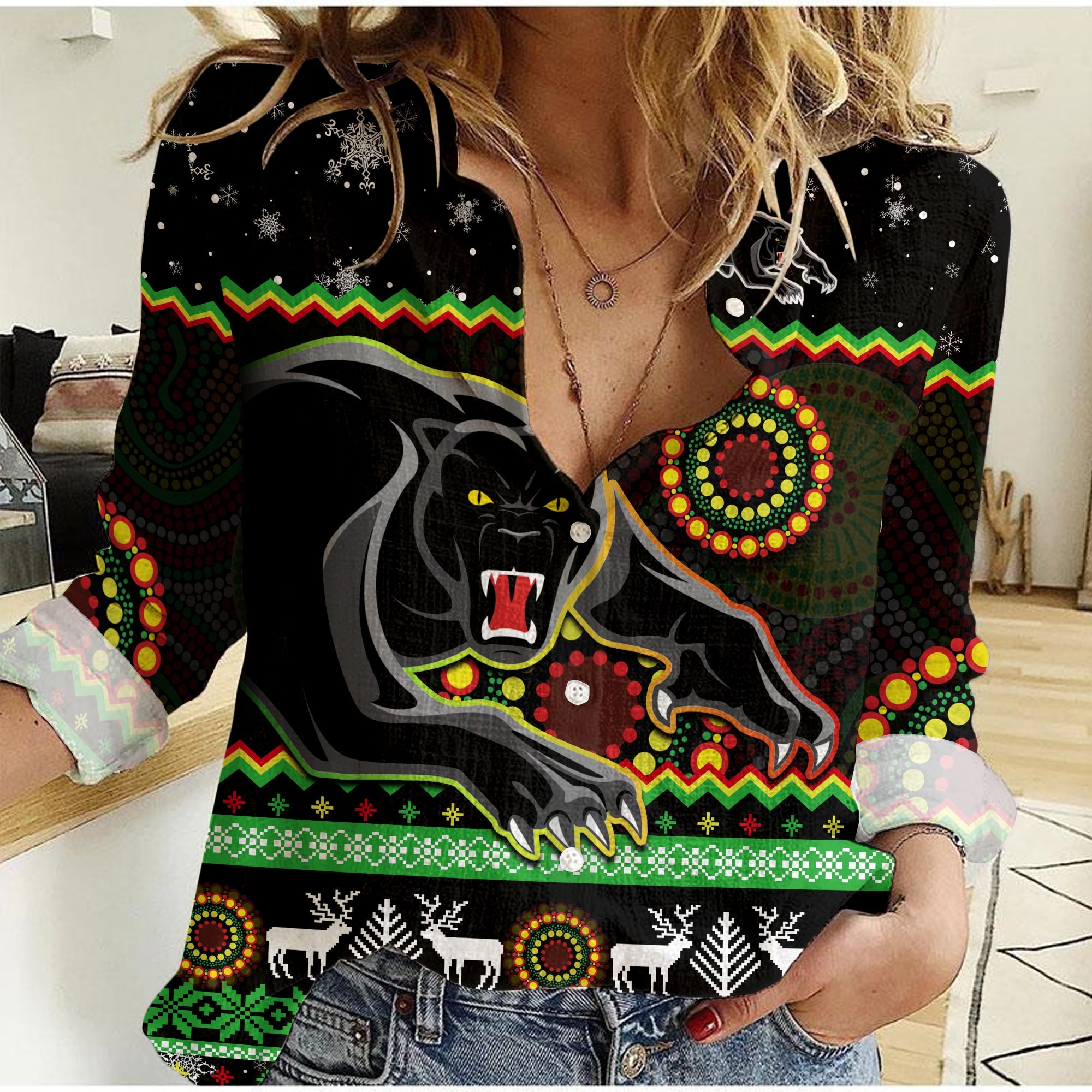custom-personalised-panthers-christmas-women-casual-shirt-aboriginal-pattern-penrith-black-version