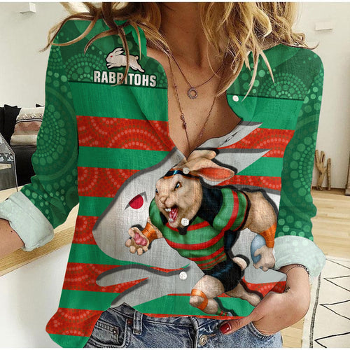custom-text-and-number-rabbitohs-rugby-women-casual-shirt-aboriginal-dot-painting-glory-glory-sporty-style