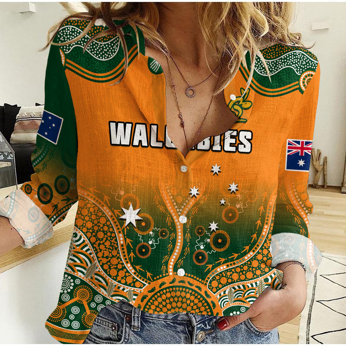 australia-rugby-women-casual-shirt-wallabies-kangaroo-orange-aboriginal