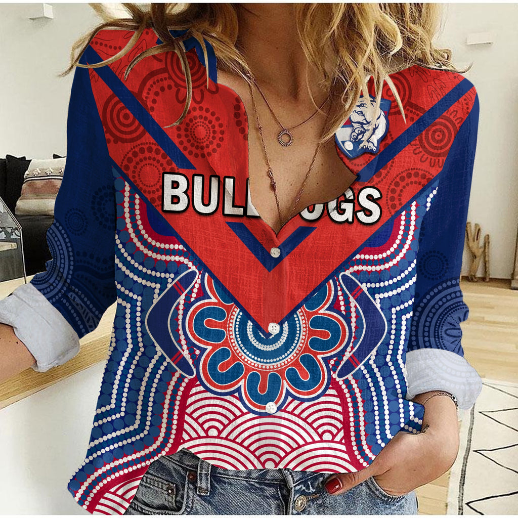 custom-text-and-number-bulldogs-football-women-casual-shirt-western-doggies-aboriginal-art