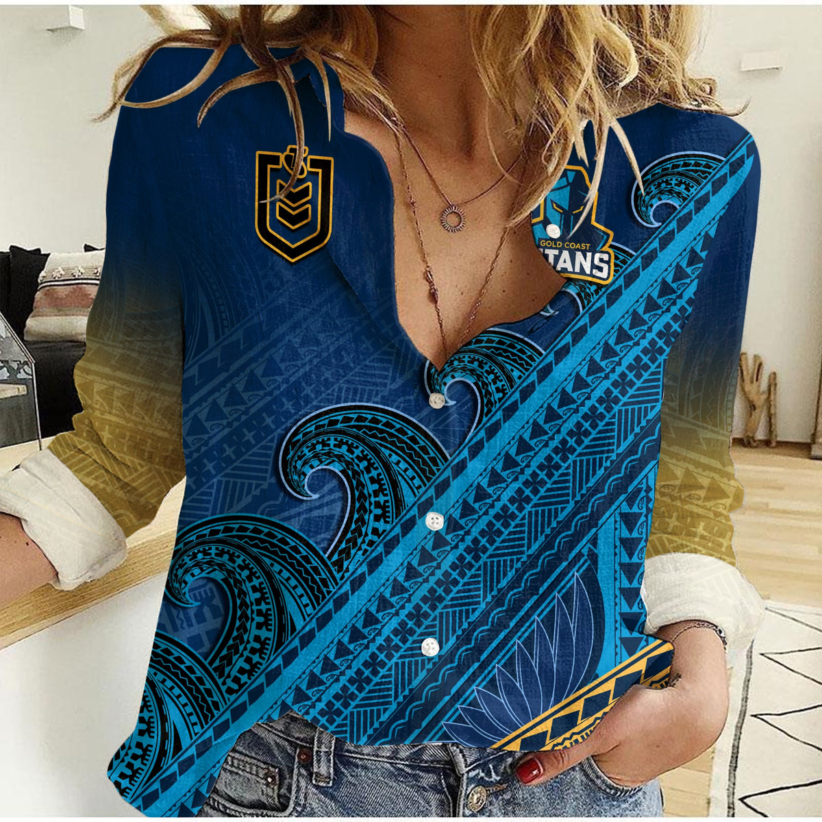 custom-text-and-number-gold-coast-titans-rugby-women-casual-shirt-pasifika-gradient-polynesian-pattern