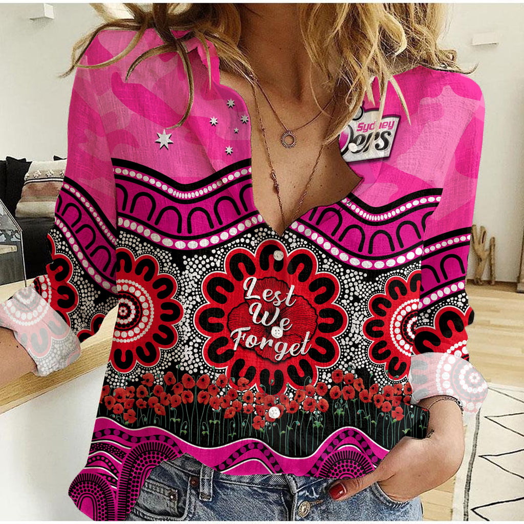 custom-text-and-number-sixers-cricket-anzac-women-casual-shirt-sydney-poppy-aboriginal-camouflage