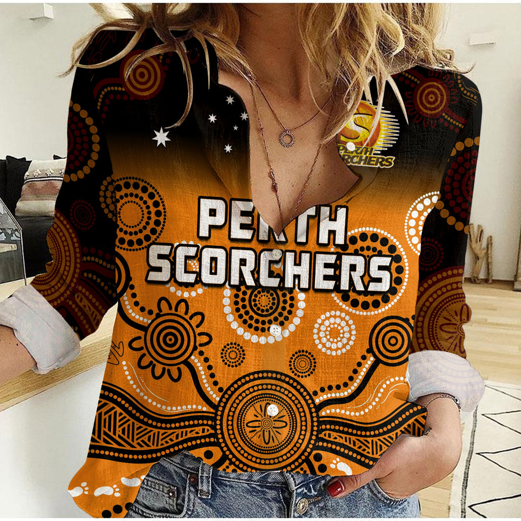 custom-text-and-number-perth-scorchers-women-casual-shirt-gradient-aboriginal-dot-painting