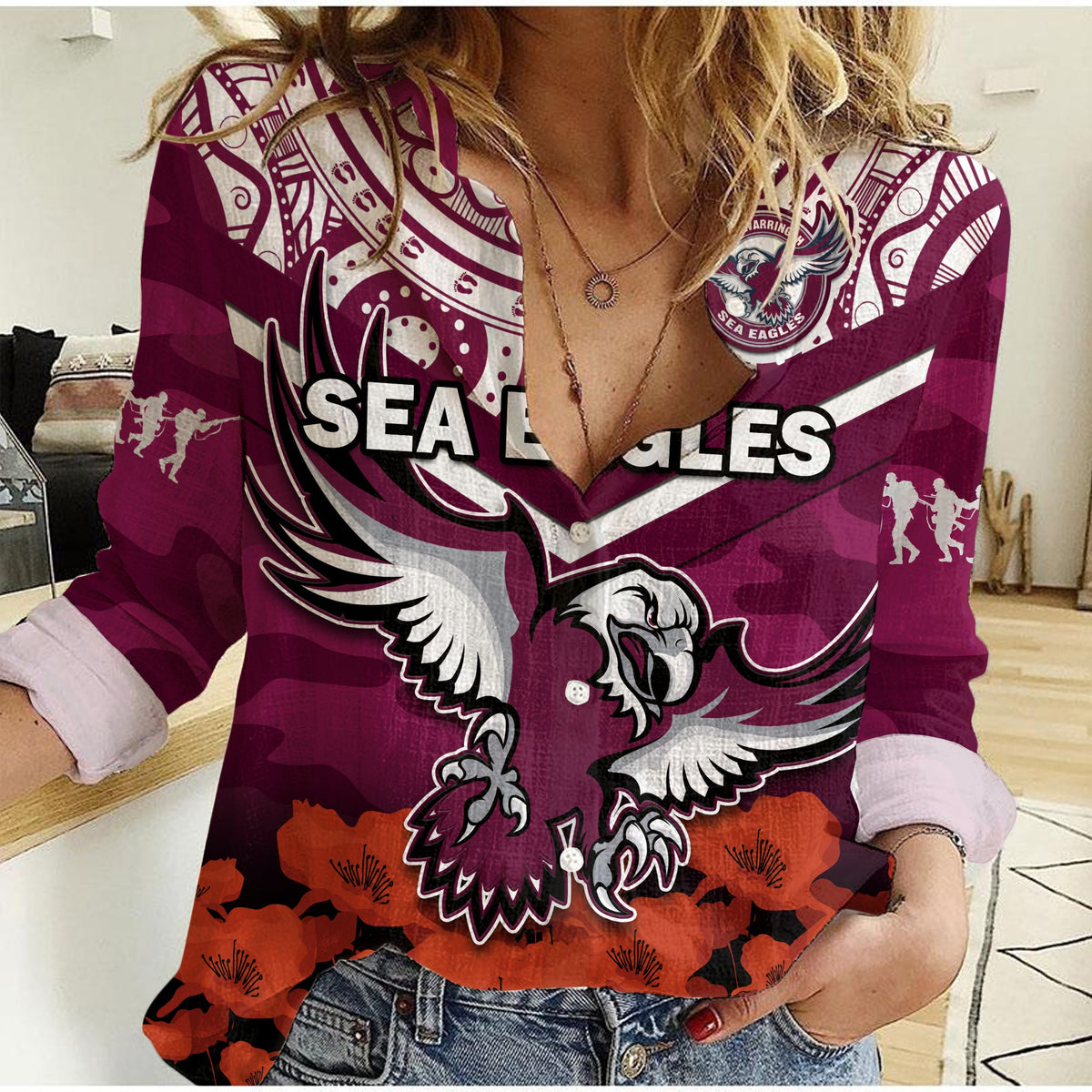 custom-text-and-number-sea-eagles-rugby-anzac-2023-rugby-women-casual-shirt-camouflage-mix-indigenous