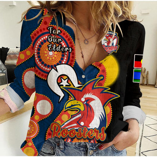 custom-text-and-number-roosters-rugby-naidoc-2023-women-casual-shirt-tricolours-for-our-elders-indigenous-art