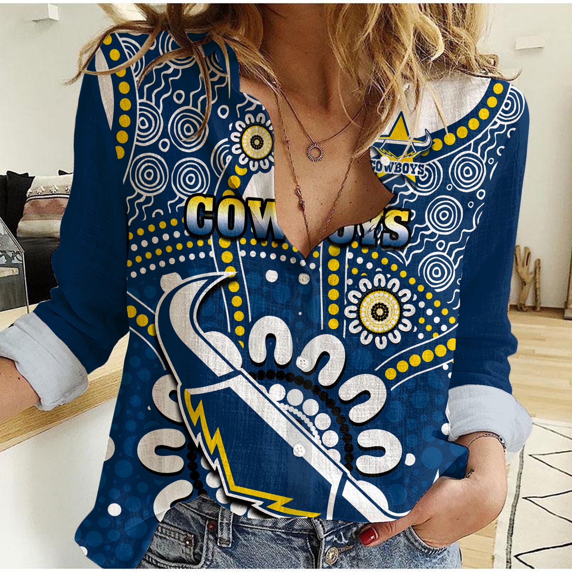 custom-text-and-number-cowboys-rugby-women-casual-shirt-indigenous-art