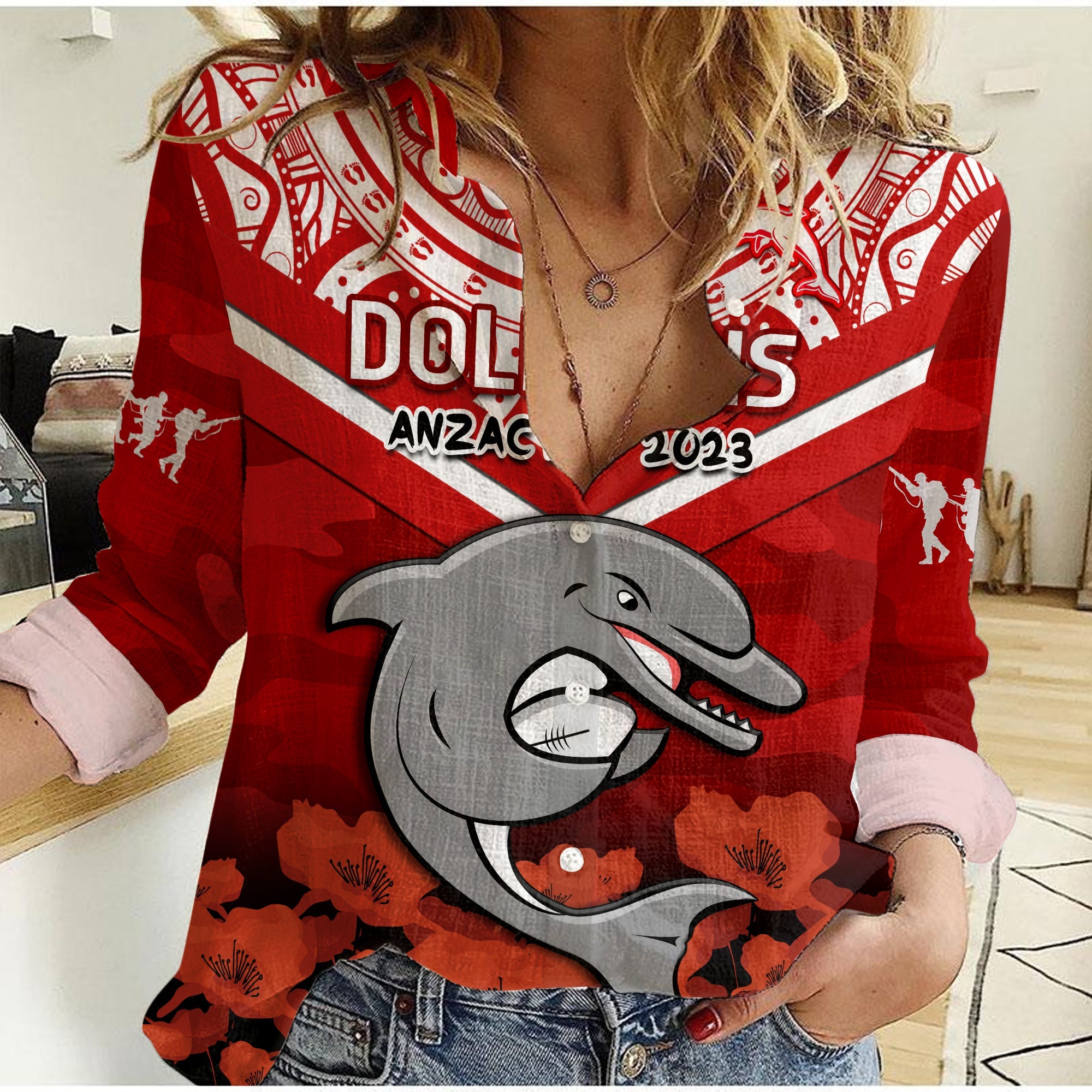 custom-text-and-number-dolphins-rugby-anzac-2023-women-casual-shirt-dots-poppy-mix-camouflage-lest-we-forget