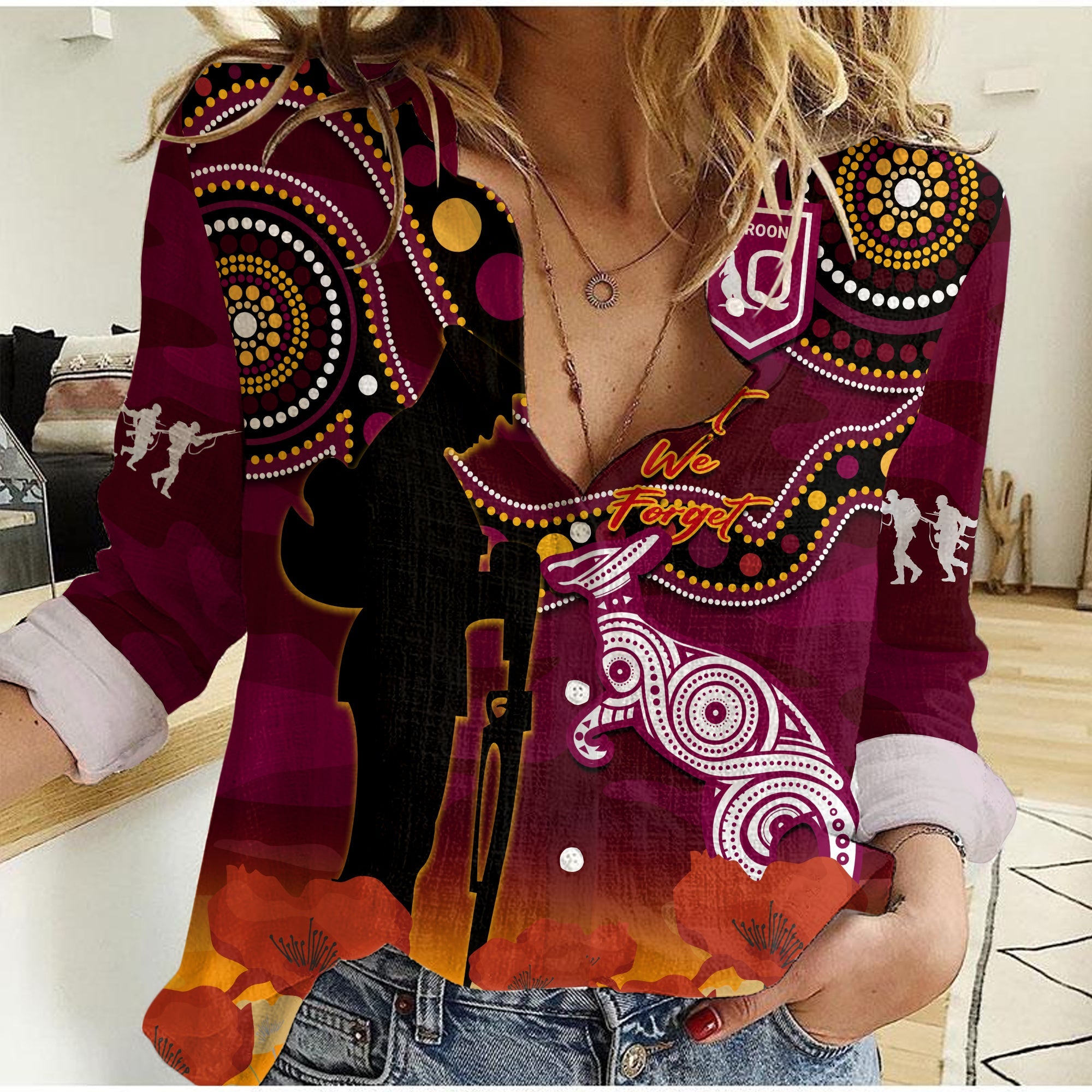 custom-text-and-number-maroons-rugby-anzac-2023-women-casual-shirt-qld-aboriginal-mix-poppy-camouflage
