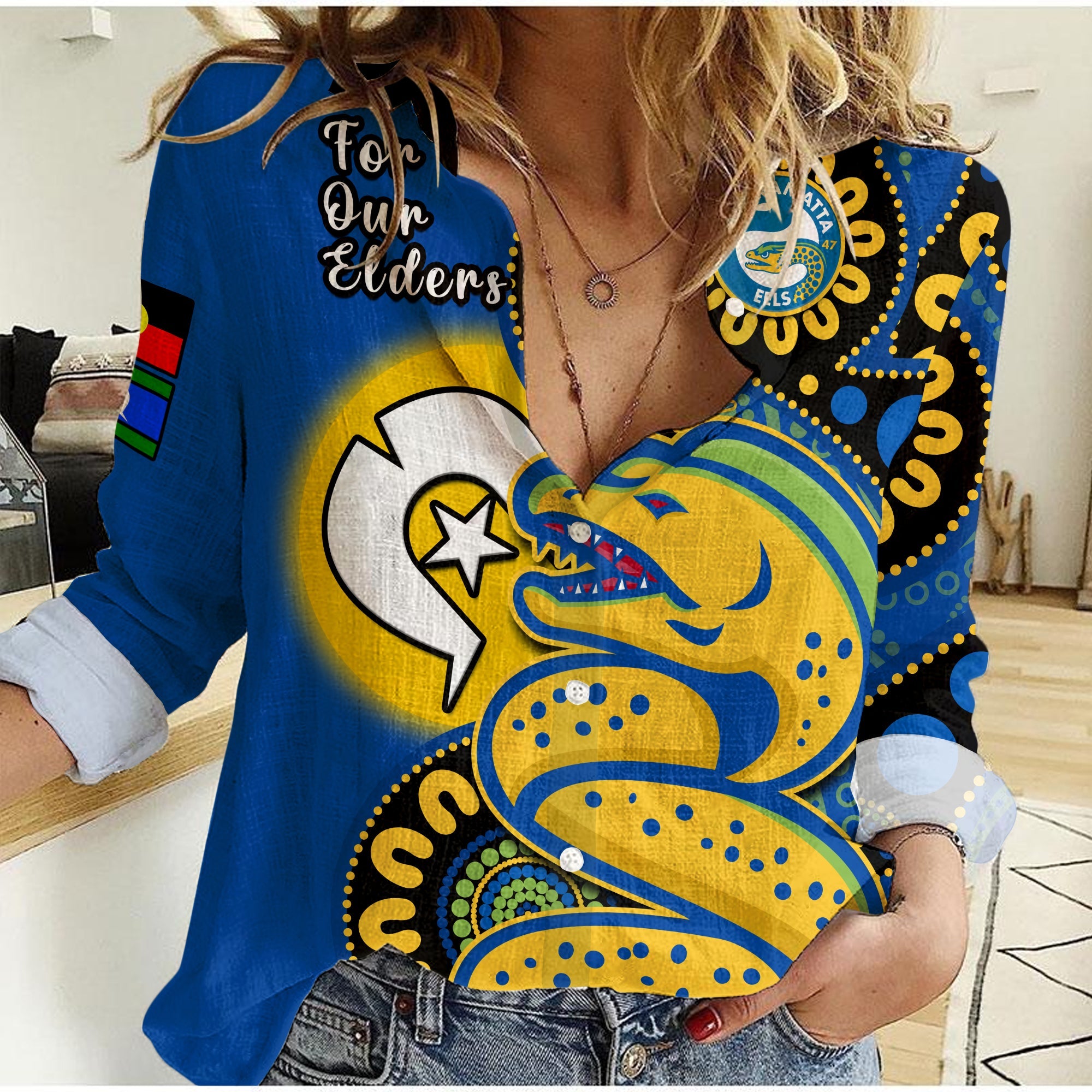 custom-text-and-number-eels-rugby-naidoc-2023-women-casual-shirt-for-our-elders-aboriginal