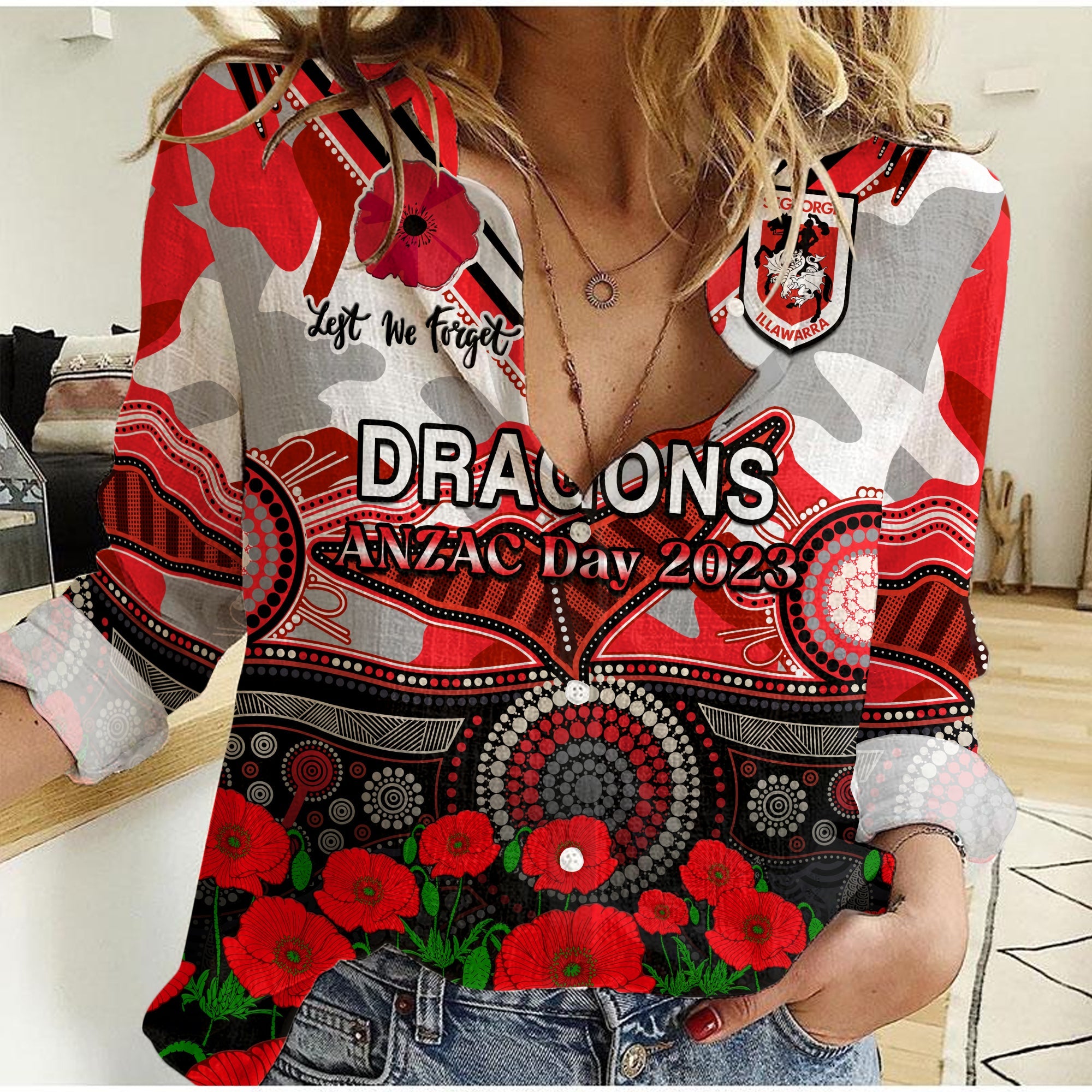 custom-text-and-number-dragons-rugby-anzac-2023-women-casual-shirt-aboriginal-mix-poppy-lest-we-forget