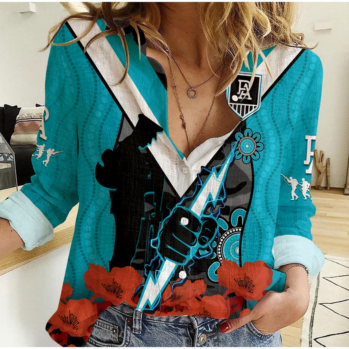 port-adelaide-football-anzac-2023-women-casual-shirt-power-aboriginal-mix-poppy-camouflage