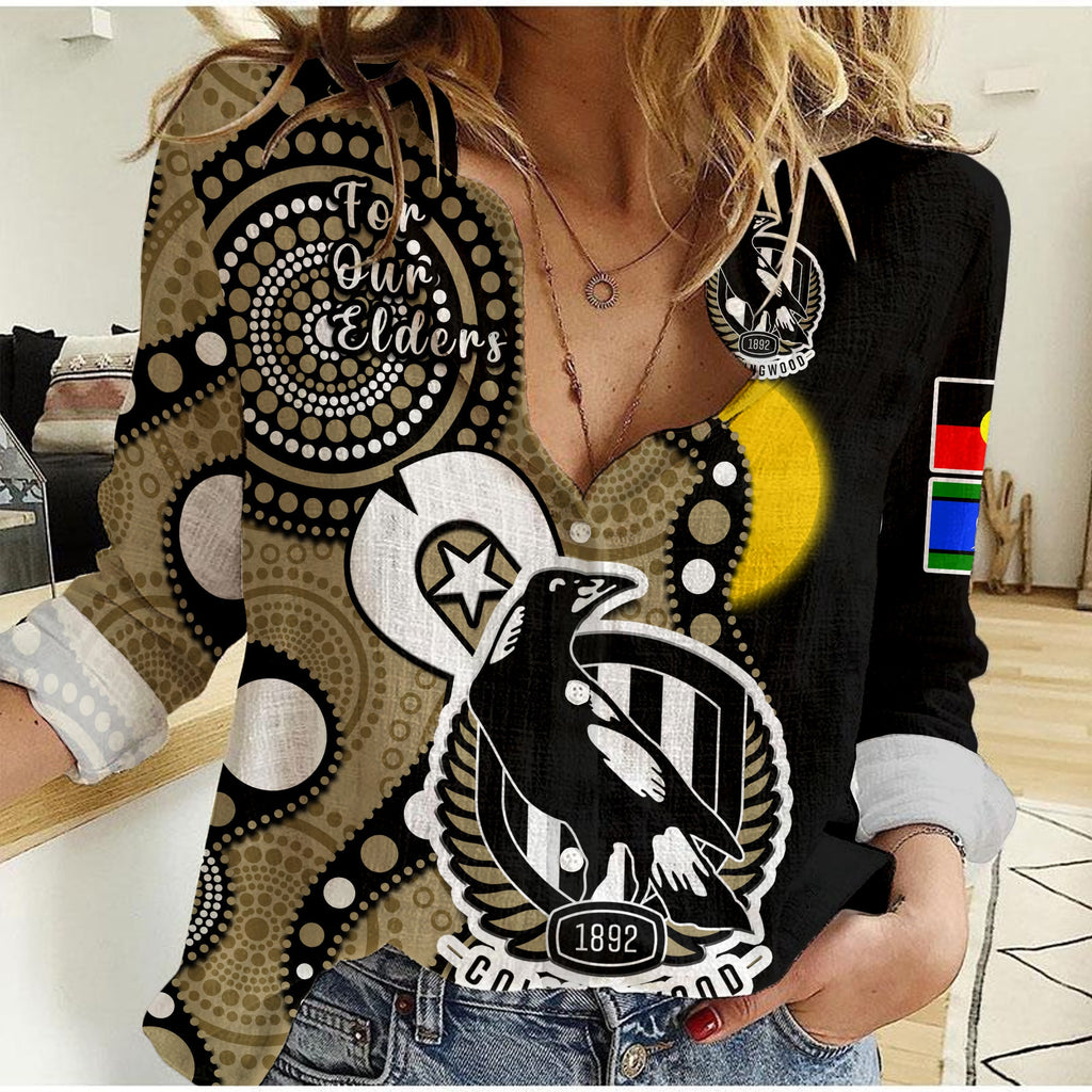 collingwood-football-naidoc-2023-women-casual-shirt-magpies-for-our-elders-indigenous-art