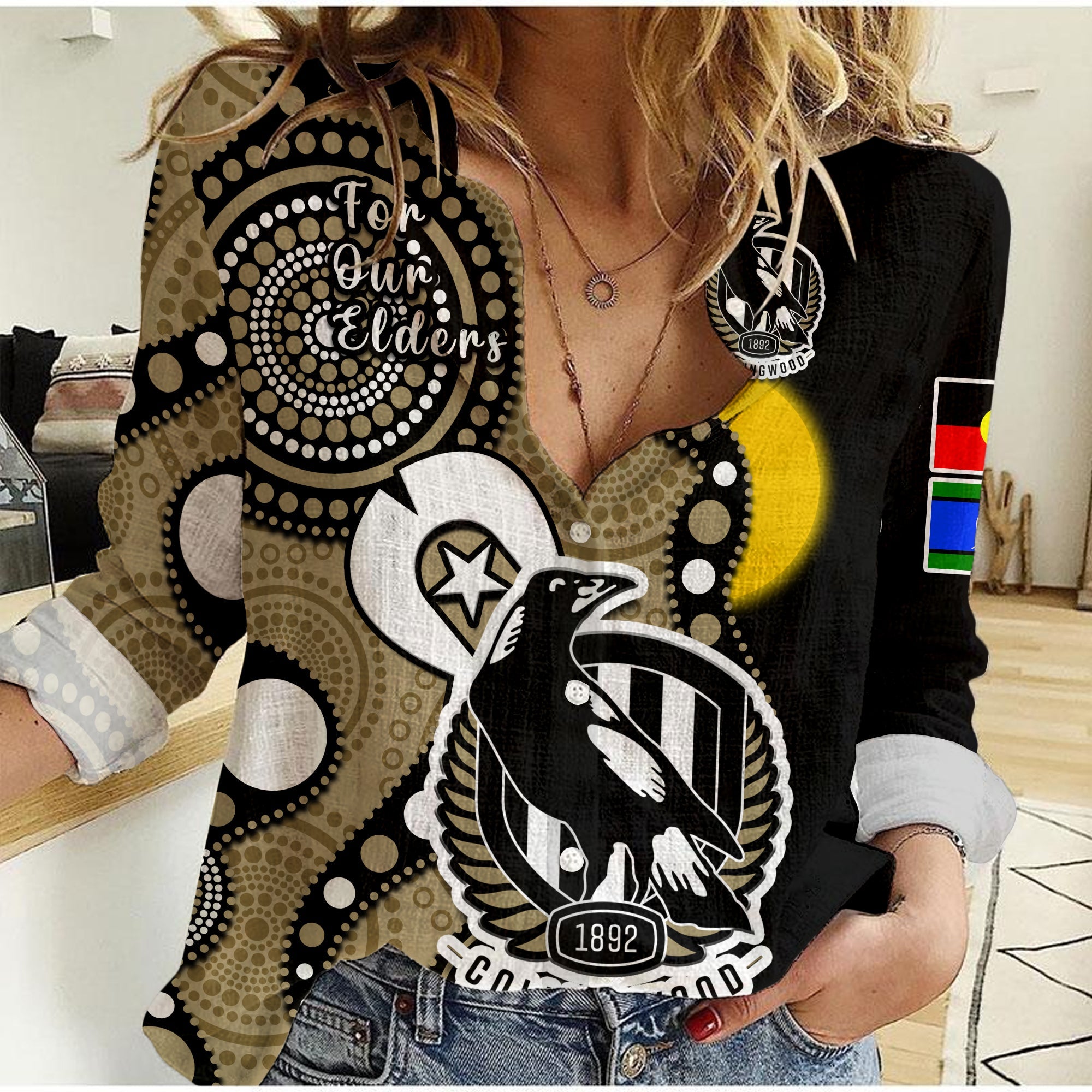 collingwood-football-naidoc-2023-women-casual-shirt-magpies-for-our-elders-indigenous-art