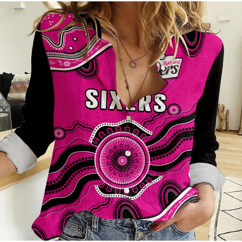 custom-text-and-number-sixers-cricket-women-casual-shirt-sydney-aboriginal-painting