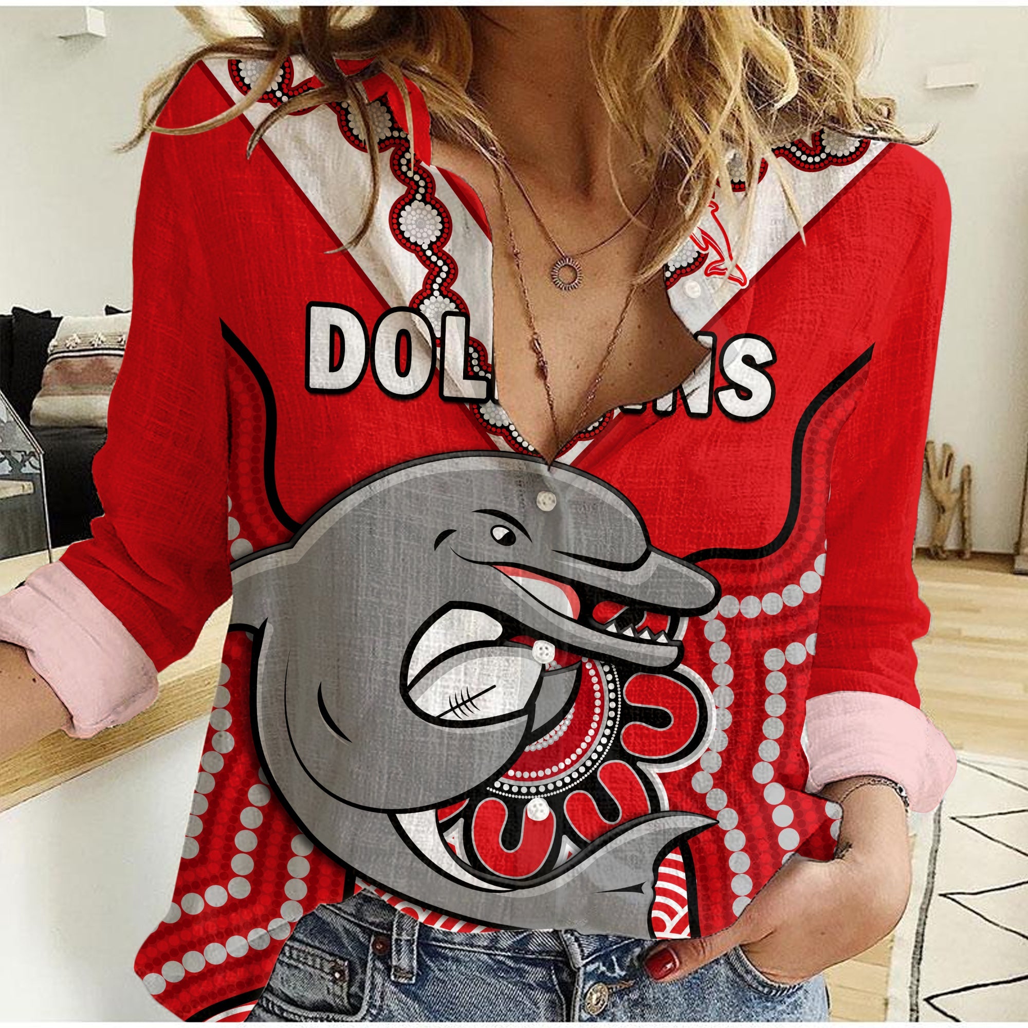 custom-text-and-number-dolphins-rugby-women-casual-shirt-indigenous-black-artsy