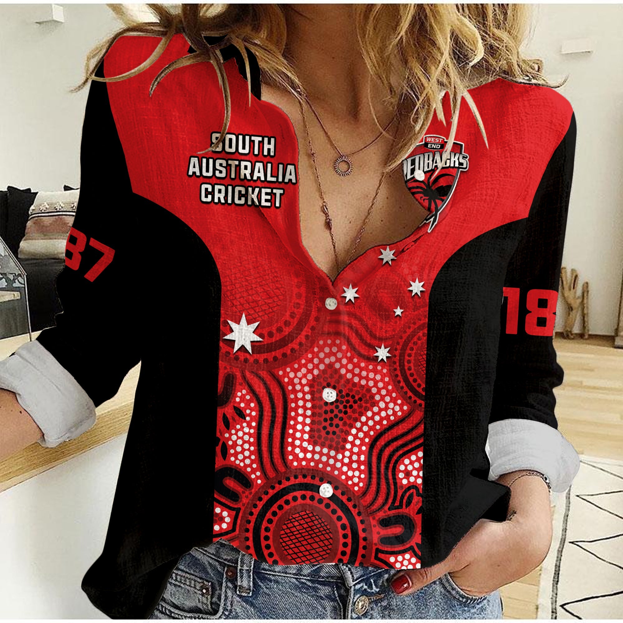 custom-text-and-number-south-australia-cricket-2023-women-casual-shirt-west-end-redbacks-sheffield-shield-indigenous