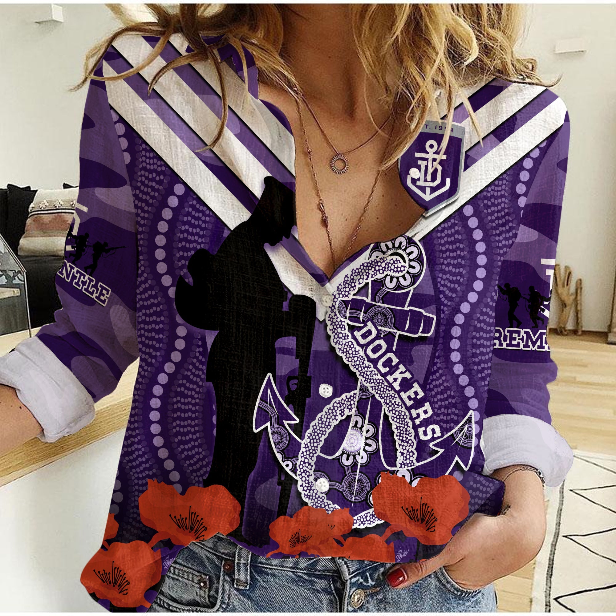 custom-text-and-number-dockers-football-anzac-2023-women-casual-shirt-aboriginal-mix-poppy-camouflage