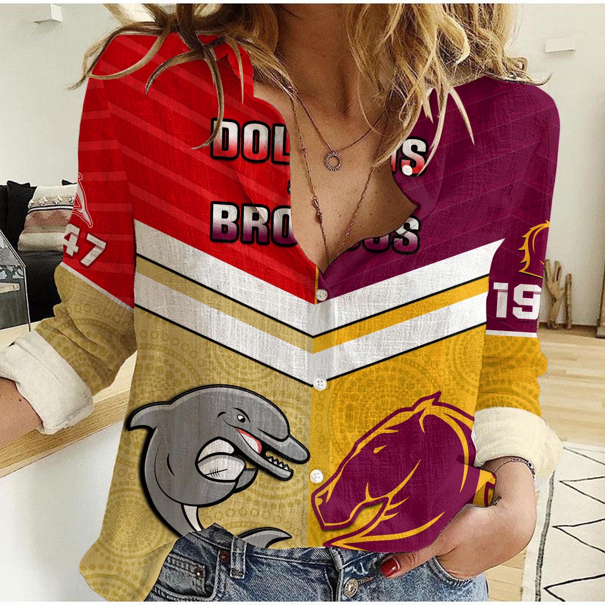 custom-text-and-number-dolphins-mix-broncos-rugby-women-casual-shirt-indigenous-art